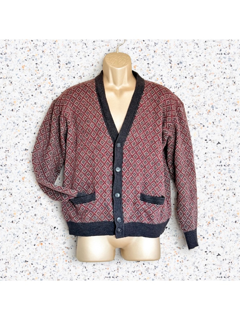 VTG 80s Grandpa Grunge Indie Virgin Italian Wool Geometric Sweater Cardigan M